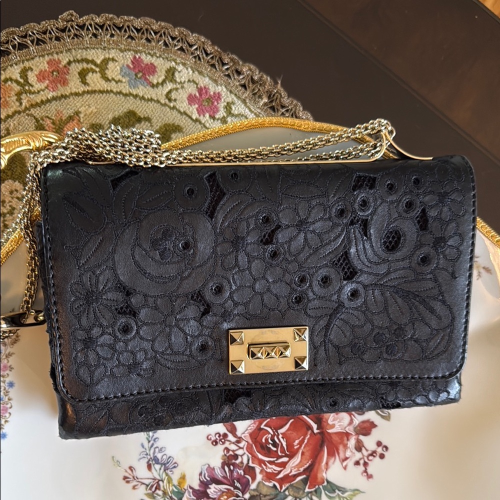 Valentino Garavani Black Lace Clutch with Gold Chain